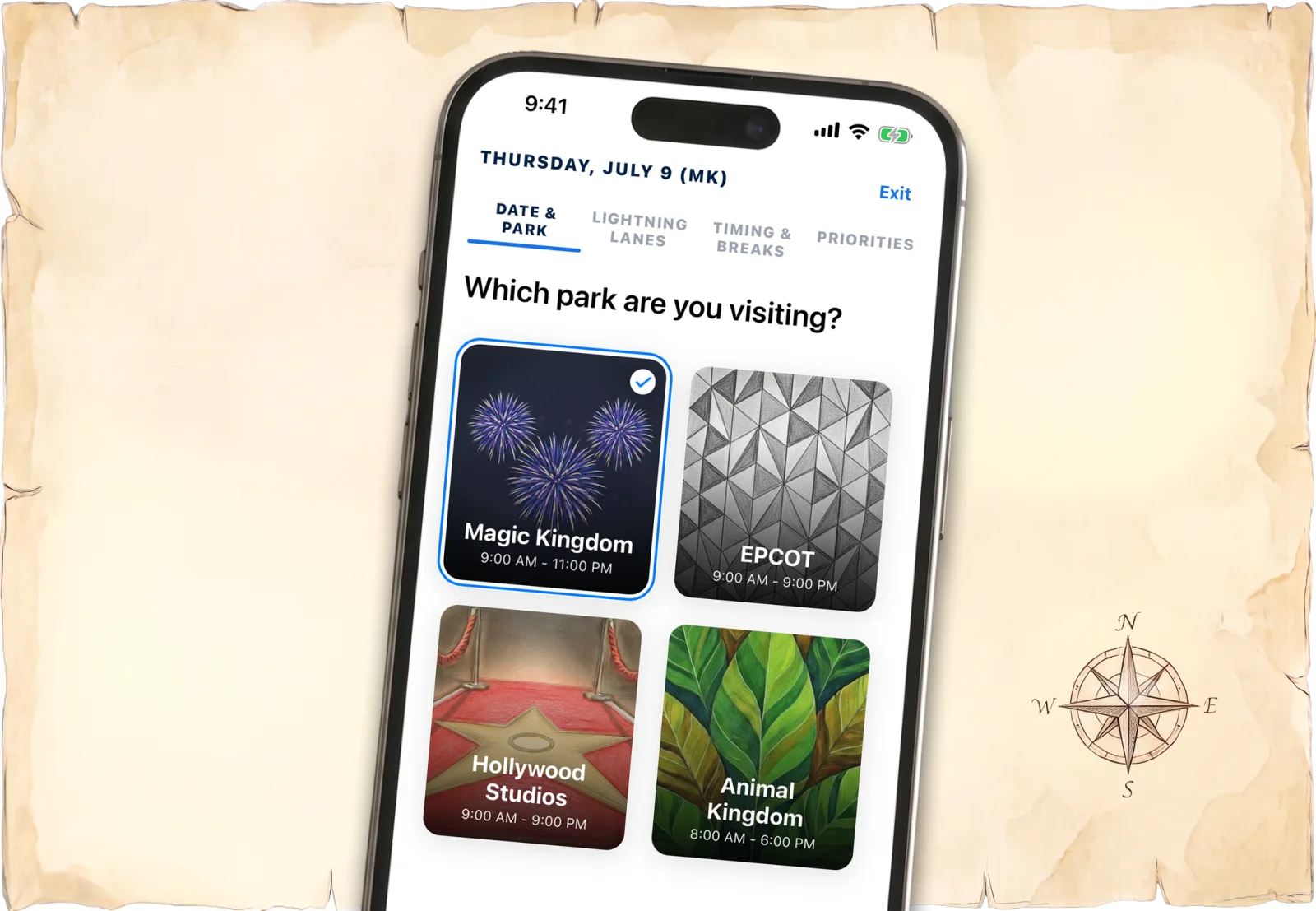 The Magic Carpet app showing park selection while planning a Disney World day