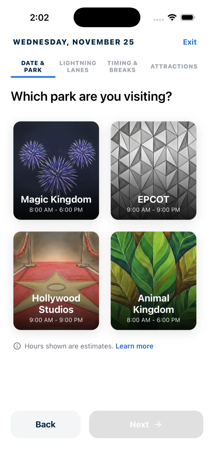 The Which park step of the planning wizard for Wednesday, November 25, with the four park cards showing hours and a line beneath reading Hours shown are estimates, Learn more