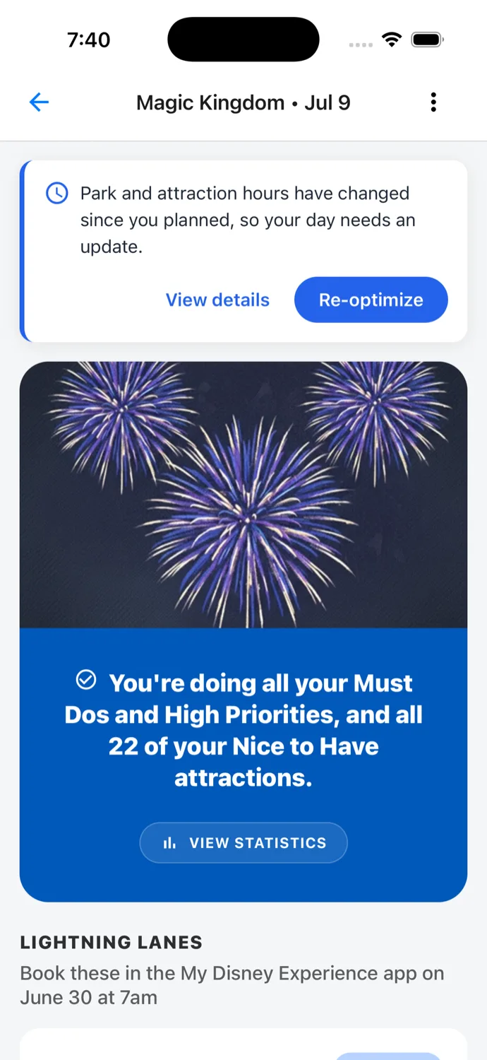 The schedule screen with a notice card at the top reading Park and attraction hours have changed since you planned, so your day needs an update, with View details and Re-optimize buttons