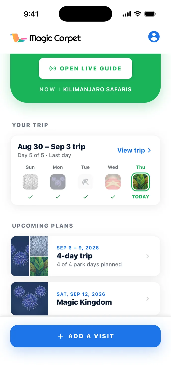 The Home screen during a trip, scrolled down: the Open live guide button and the line Now, Kilimanjaro Safaris at the top, then Your trip with the Aug 30 to Sep 3 trip, Day 5 of 5, Last day, and five day tiles. Below it, Upcoming plans lists Sep 6 to 9, 2026, 4-day trip, 4 of 4 park days planned, with Magic Kingdom, EPCOT and Animal Kingdom pictures, and Sat, Sep 12, 2026, Magic Kingdom. An Add a visit button sits at the bottom.