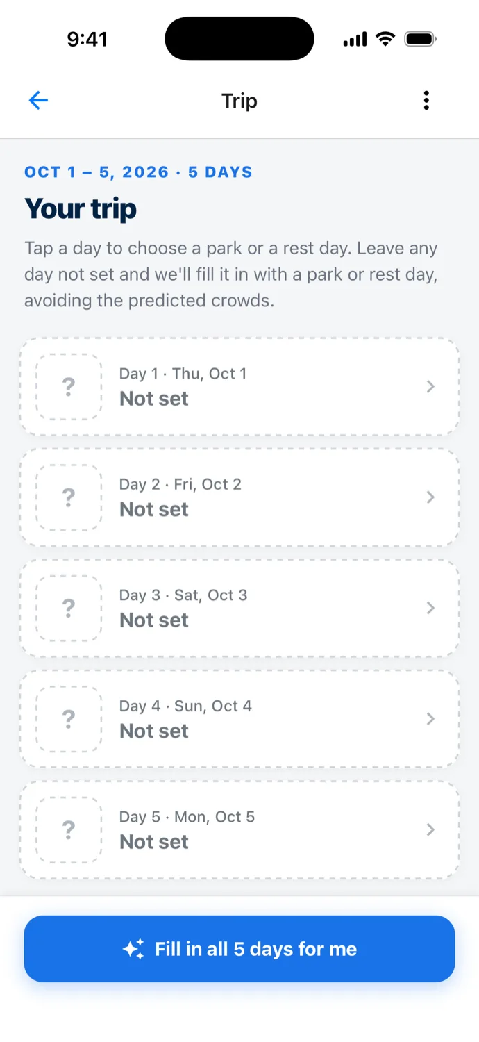 The Trip screen headed Oct 1 to 5, 2026, 5 days, Your trip, with the hint Tap a day to choose a park or a rest day. Leave any day not set and we'll fill it in with a park or rest day, avoiding the predicted crowds. Five dashed cards from Day 1, Thu, Oct 1 to Day 5, Mon, Oct 5 each read Not set, above a button reading Fill in all 5 days for me.