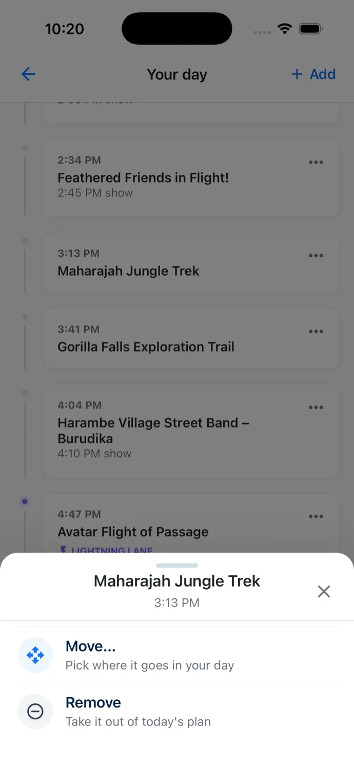 The menu for Maharajah Jungle Trek at 3:13 PM with two options: Move, Pick where it goes in your day, and Remove, Take it out of today's plan.